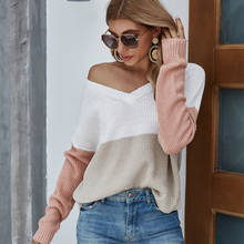 Striped Pullover Sweater Women Sexy V-neck Patchwork Contrast Color Knitted  Jumper Top Long Sleeve Loose Causal Sweater Outwear 2024 - buy cheap