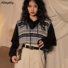 Sweater Vest Women Geometric Panelled Vintage Japanese Style V-neck Spring Fall All-match Harajuku Female Popular Knitwear Chic 2024 - buy cheap