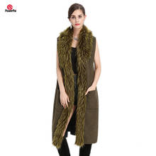X-long-abrigo de piel de mapache de imitación tejido, chaleco sin mangas, elegante Cuello de piel para mujer, cárdigan de Cachemira, Otoño e Invierno 2024 - compra barato