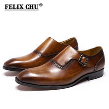 Felix chu sapatos de vestido dos homens do dedo do pé liso couro genuíno marrom pintados à mão fivela cinta monge negócios escritório masculino terno formal sapatos 2024 - compre barato
