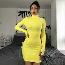 Knit tight dress 2019 spring and autumn new thread slim fashion sexy solid color high collar long sleeve bag hip dress 2024 - buy cheap