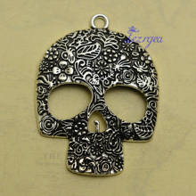 2pcs/lot--66x49mm Antique Silver Plated Flower Skull Head Charms Halloween Skeleton Pendants DIY Supplies Jewelry Accessories 2024 - buy cheap
