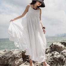Summer Literary Womens New Cotton Suspender Dress Fashion National Style Simple Solid Color Loose Casual Dress 2024 - buy cheap