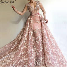 Dubai Pink Long Sleeves Tulle Evening Dresses 2021 Handmade Flowers V-Neck Sexy Formal Dress Serene Hill LA60994 2024 - buy cheap