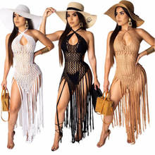 Women Handmade Crochet Bikini Cover Up Swimsuit Sexy Backless See Through Hollow Tassel Swimwear One Piece Long Beach Dress Club 2024 - buy cheap