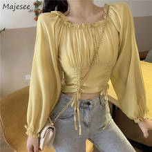 Shirts Women Crop Bows Lantern Sleeve Solid Yellow Korean Sweet Preppy Style Cute Ladies Tops Fitness Slim Vintage Elastic Chic 2024 - buy cheap