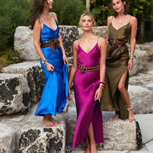 QRWR Dress Women 2021 Sexy Satin V Neck Spaghetti Strap Sleeveless Dress Fashion Backless Side Split Solid Color Long Dresses 2024 - buy cheap