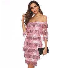 Sexy Vestido Tassel Sequined Dress Slash Neck Half Sleeve Mini Fringe Sequin Nightclub Female Party Dresses 2024 - buy cheap