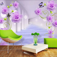 Papel de parede foto personalizada para paredes 3d estereoscópica roxa flores rosa sala de estar sofá tv mural de parede decoração moderna para casa 2024 - compre barato