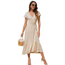 Summer Wrap Dress For Women 2021 Boho Beach Maxi Dress Short Sleeve V-Neck Long Dress Solid Lady Asymmetrical Casual Dresses 2024 - buy cheap