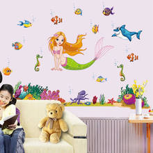 Cartoon Ocean World Mermaid Fish Wall Stickers DIY Animals Wall Decals For Kids Room Kindergarten Nursery Bathroom Decor Murals 2024 - buy cheap