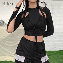 KLALIEN Fashion high street casual cotton t shirt women spring autumn new black slim streetwear bow bandage t shirt ladies top 2024 - buy cheap