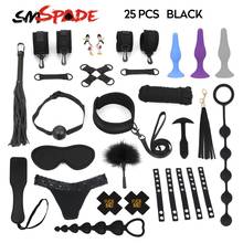 SMSPADE Black Bondage 25Set Gag,Collar,Handcuffs,AnkleCuffs,Whip,Paddle,Nipples,Rope,Silicone Anal Plug BDSM Game Adult Sex Toys 2024 - buy cheap