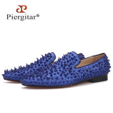 Piergitar handmade royal blue cow leather men studded shoes fashion red bottom men's loafers for wendding and party plus size 2024 - buy cheap