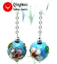 Qingmos Trendy Cloisonne Earrings for Women with 12mm Round Sky-Blue Cloisonne & White Flower Dangle Earring 2" Fine Jewelry 2024 - buy cheap
