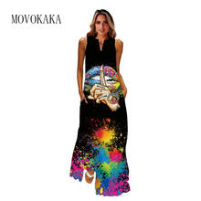 MOVOKAKA-Vestido largo informal con estampado de boca para mujer, traje Sexy negro de talla grande, sin mangas, para playa y verano, 2021 2024 - compra barato