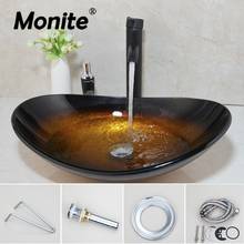 Monite Yellow Brown Bathroom Tempered Glass Sink Set Oval Wash Basin ORB Faucet Combo Set Chrome Pop Up Sink Drain Faucet 2024 - buy cheap