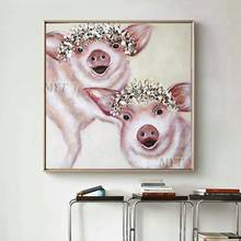 100% pintado à mão o porco com a guirlanda pintura a óleo arte abstrata parede arte de casa decoração em tela moderna 2024 - compre barato