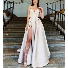 Sexy Split Formal Prom Dresses 2020 Champagne A-Line Spaghetti Straps Long Evening Gowns Elegant Satin Vestidos robe de soiree 2024 - buy cheap