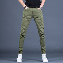 Outono dos homens do exército verde calças de brim estiramento masculino casual fino ajuste calças retas algodão denim 2024 - compre barato