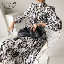 2021 solto coreano vintage longo vestido faixas puff manga gola vestido de festa impresso vestidos de chiffon plissado para mulher 13715 2024 - compre barato