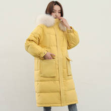 Janveny Women's Long Puffer Coat 2020 Large Natural Fox Fur Hooded 90% White Duck Down Jacket Women Feather Clothes Female Parka