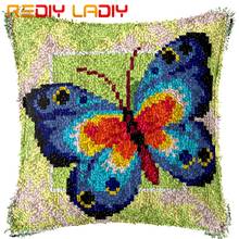 Latch Hook Cushion Blue Red Butterfly Pillow Case Pre-Printed Canvas Acrylic Yarn Latched Hook Pillow Crochet Cushion Cover Kits 2024 - buy cheap