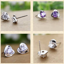 100% Genuine 925 Sterling Silver Woman Earring Elegant Purple CZ   Heart Stud Earrings Antiallergic Fashion Jewelry 2024 - buy cheap