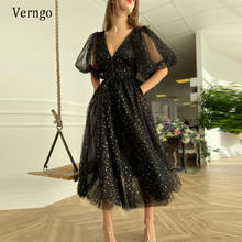 Verngo glitter preto tule curto vestidos de baile com mangas de sopro estrelas douradas v pescoço chá comprimento formal vestidos de festa com bolsos 2024 - compre barato