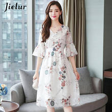 Jielur Summer Chiffon Dress Women's Korean Flare Sleeve Leisure Floral Print High Waist Dress S-XXL Office Cute Elegant Dresses 2024 - buy cheap