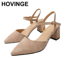 HOVINGE  Women High Heel Sandals Women Pointed Toe Shoes Womens Lady Flock Leather High Quality Brand Shoes 2024 - buy cheap