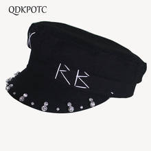 QDKPOTC 2019 New Autumn Winter Women Military Hats Fashion Rhinestone+Hand Embroidery letter Flat Top Cap Travel Keep Warm  Hat 2024 - buy cheap