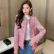 Casaco xadrez elegante manga longa feminino, casaco vintage formal tweed rosa outono inverno 2020 2024 - compre barato