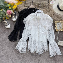 Women spring elegant Tops Shirt Flare Sleeve Sexy lace crochet Shirts Blouse Women buttons ruffles tops 2024 - buy cheap