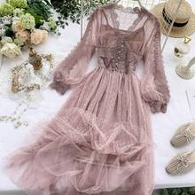 2021 Women V-Neck Lantern Sleeve Bling Sequin Lace Dot Flower Ruffles Pleated Chic Dress Lady Elastic Slim Mesh Gauze Midi Dress 2024 - buy cheap