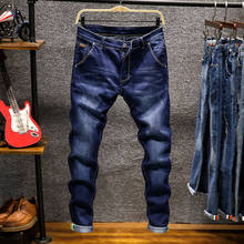 Джинсы мужские облегающие, модные брендовые прямые брюки-стрейч из денима, с принтом, темно-синие, хаки, повседневные байкерские 2024 - купить недорого