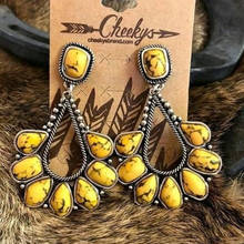 Винтажные бирюзовые желтые серьги из натурального камня для женщин, ювелирные изделия в стиле бохо, полый металлический цвет 2024 - купить недорого
