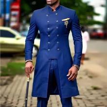 Long Mens Suit Indian dark blue Groomman Double Breasted Tuxedo Groom Suits For Men Wedding Wear Slim Male Blazer 2 PC Coat+Pant 2024 - buy cheap