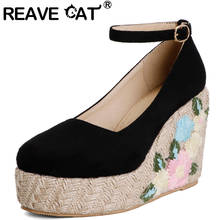 REAVE CAT New 2021 Women Pumps Round Toe 12.5cm High Wedges Heels Flock Buckle Flower Stylish Platform Big Size 48 Casual A3711 2024 - buy cheap