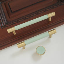 3.75" 5" Copper Door Handles Light Green Leather Round Dresser Pulls Furniture Drawer knobs Cupboard Pull Handles 96 128mm 2024 - buy cheap