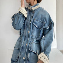 Vintage Beaded Lace Splicing Denim Jacket Women Stand collar Long-sleeve Loose Frayed Big pocket Drawstring waist Jeans Jackets 2024 - buy cheap