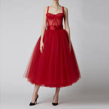 2020 Vestidos Red A-line Tulle Women Dresses Summer Modest Mid Calf Tulle Formal Party Dress Vestido De Mulher 2024 - buy cheap