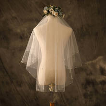 Véu de noiva com borda de tule, véu de noiva com pente, duas camadas, branco marfim, simples, acessórios de casamento 2024 - compre barato