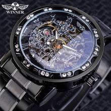 WINNER-relojes mecánicos de acero inoxidable para hombre, pulsera clásica con correa de esqueleto, con diamantes de imitación, color negro completo 2024 - compra barato