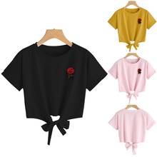 Camiseta feminina de verão, t-shirt da moda para mulheres, com bordado de rosas, gola redonda, manga curta 2024 - compre barato