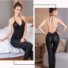 Sexy Women Oil Glossy Backless Bodysuit Female Deep V Neck Bandage Bodystocking 2020 New One Piece Zipper Open Crotch Bodysuit 2024 - buy cheap