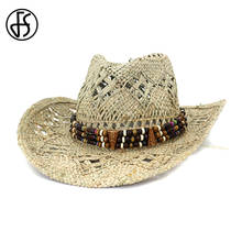 FS New Summer Men Handmade Straw Hats Wide Brim Western Cowboy Hat Women Solid Hollow Sun Shade Beach Cap Sombrero 2020 2024 - buy cheap