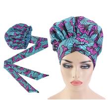 Gorro de satén con estampado africano de gran tamaño para mujer, gorro con cinta larga, doble capa, patrón Ankara 2024 - compra barato