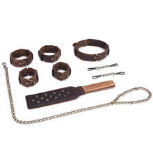 Brown Vintage Real Leather Sex BdSM 4pcs Bondage Set Spanking Paddle Collars Ankle Cuff Handcuffs  Sex Toys Kits For Couples New 2024 - buy cheap