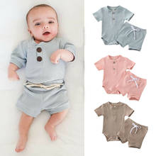 Roupa infantil de malha para meninas, 0-24 meses, body sólido, meninos, trajes de verão, manga curta, conjunto, roupas casuais para recém-nascidos 2024 - compre barato